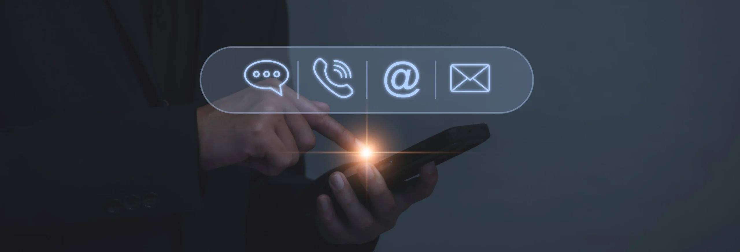 Contact information scraping service - hand holding smartphone with holographic communication icons for email and calls