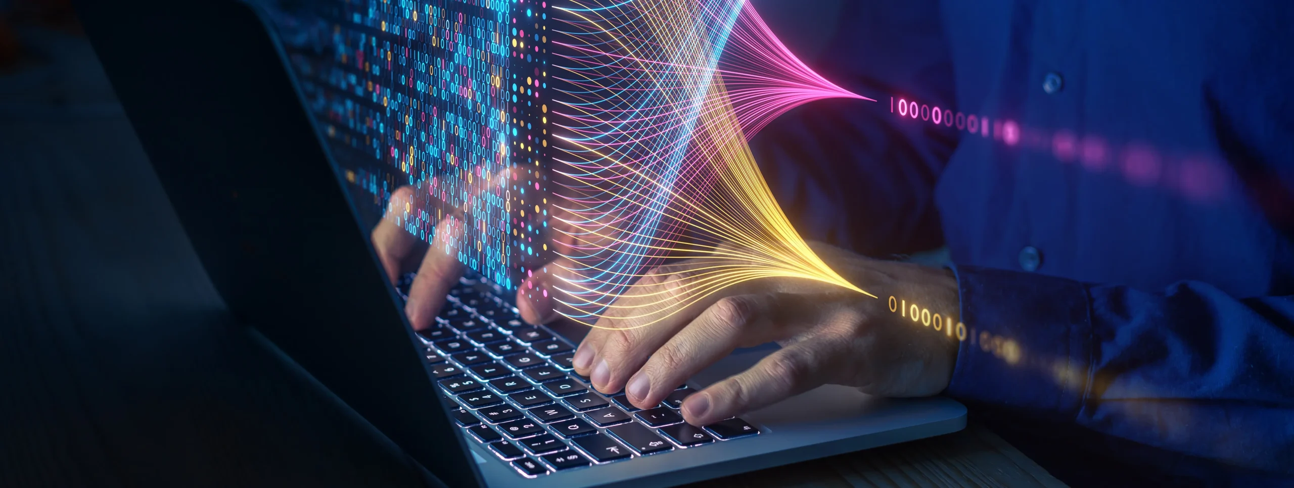 Website data scraping - professional working on laptop with holographic data visualization and binary code streams