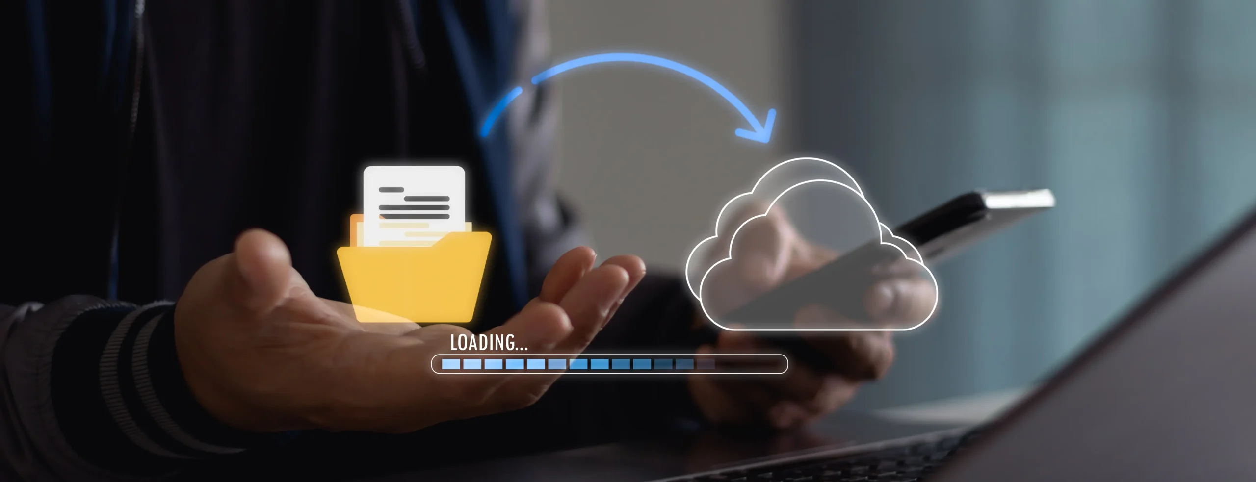 Professional demonstrating cloud scraping vs manual scraping with cloud storage data transfer visualization