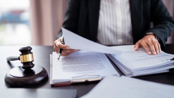 Legal professional reviewing documents about web scraping