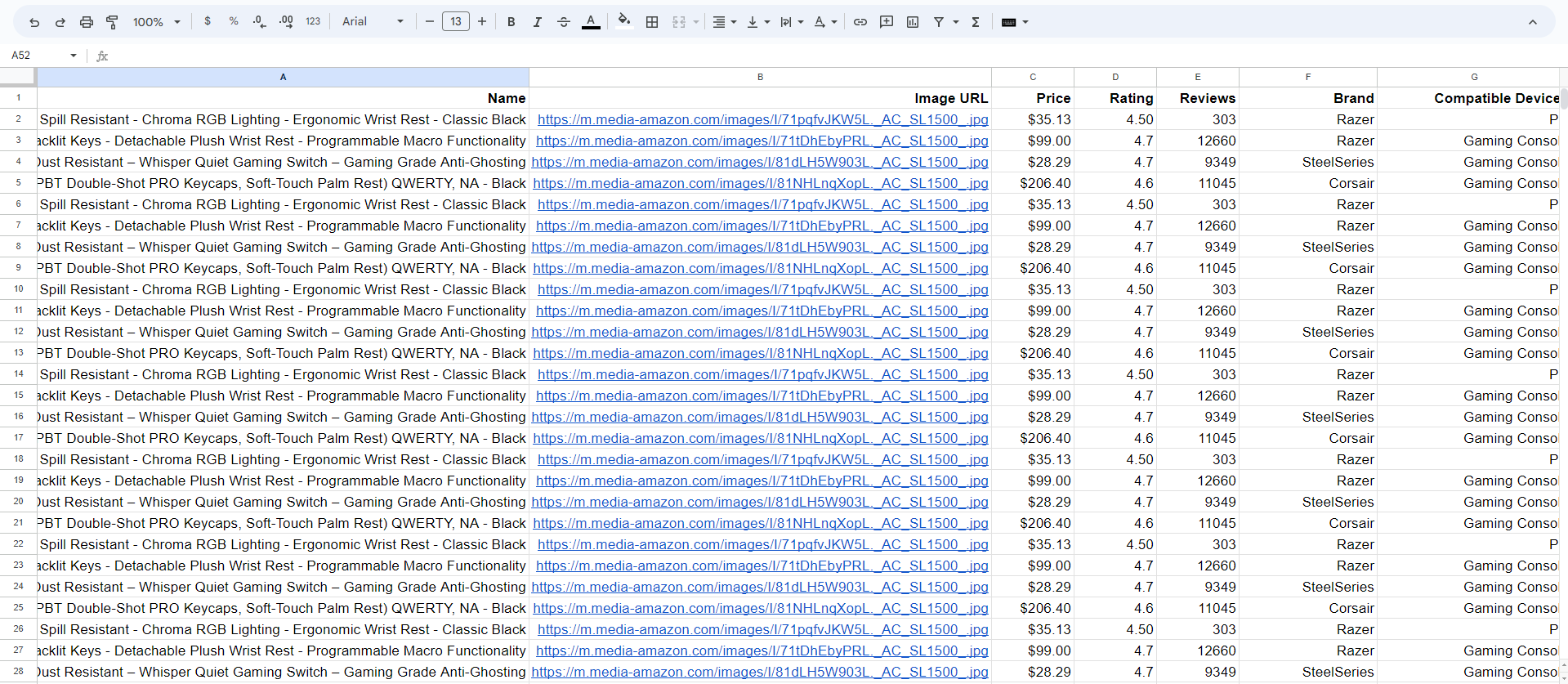 Google Sheets result