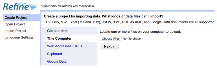 OpenRefine starting screen