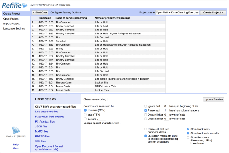 Data log on OpenRefine