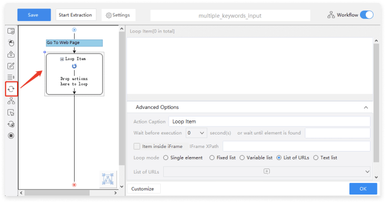 Getting Keywords list Data from Website with Octoparse Step 7