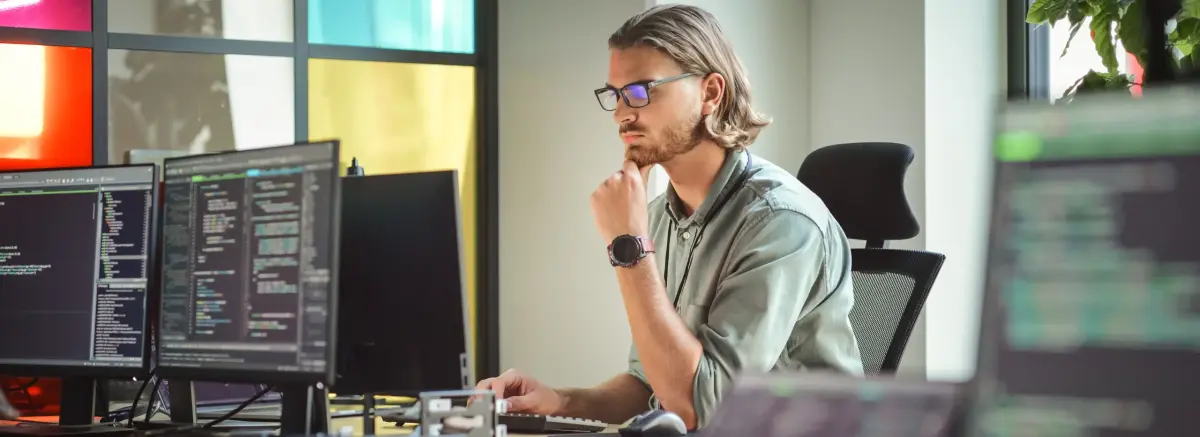 Developer writing code to scrape websites using multiple monitors with programming tools and scripts