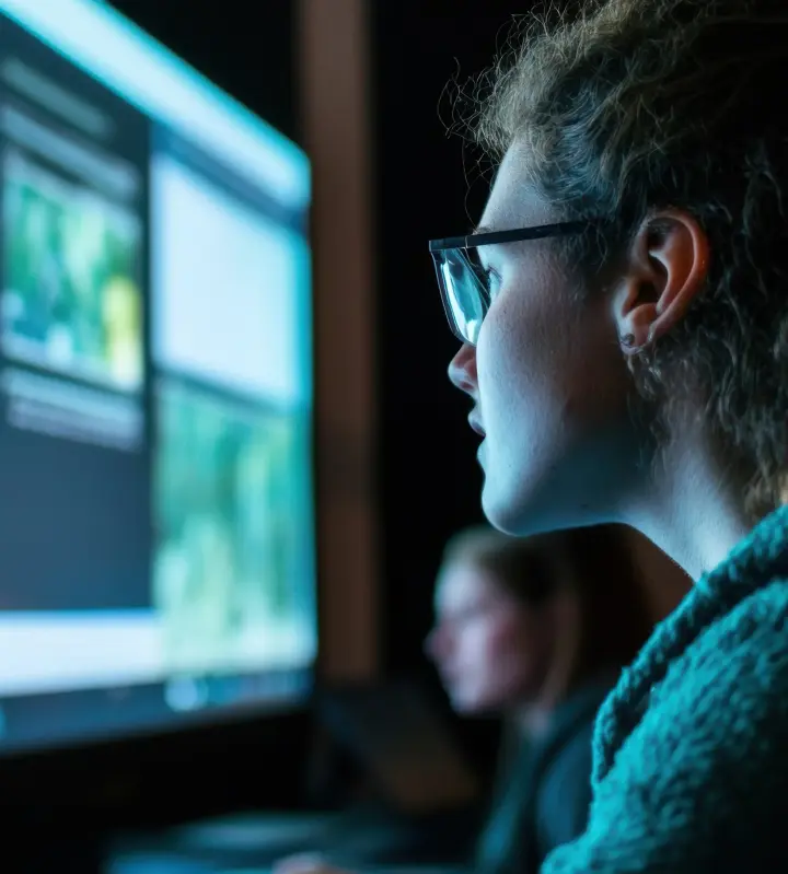 Copyright monitoring specialists reviewing infringement-related data workflows at computer screen